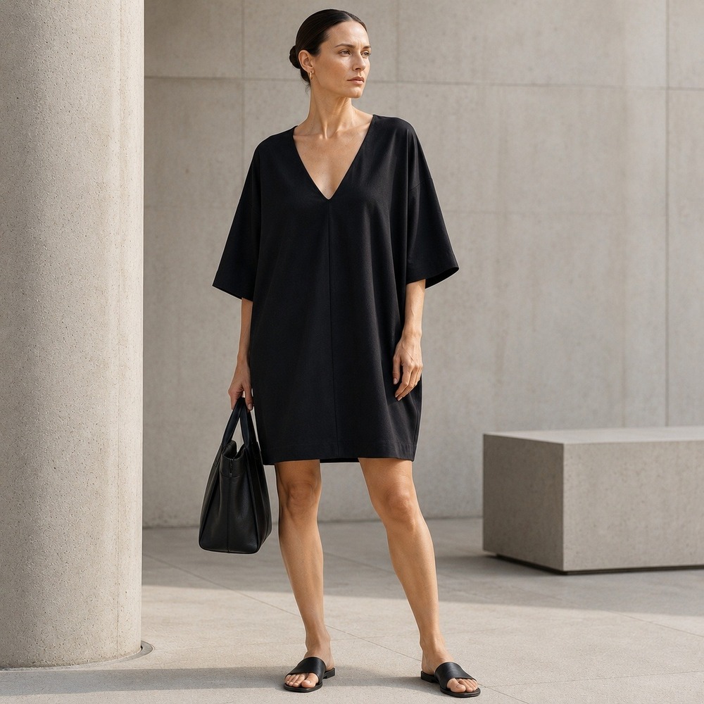 The Row Mini Shift Dress Sz L Black V Neck Classic Quiet Luxury Designer Pockets